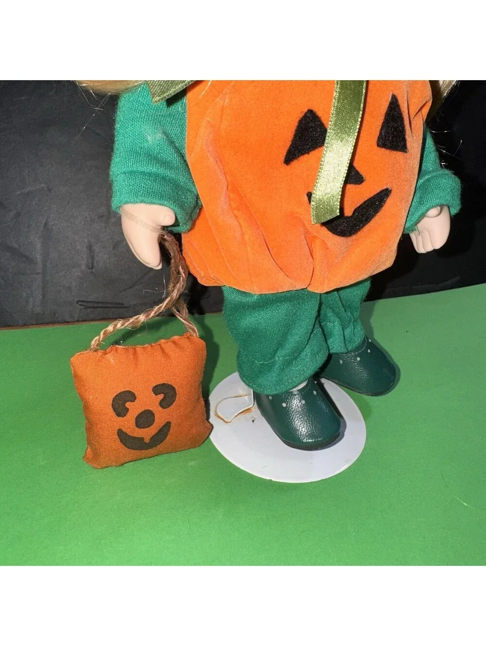 Vintage Blonde Porcelain Doll Pumpkin Costume Halloween Trick or Treat 9”